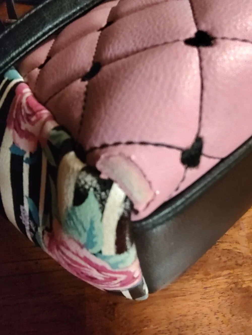 Betsey Johnson Pink Quilted Satchel with Floral & Stripes